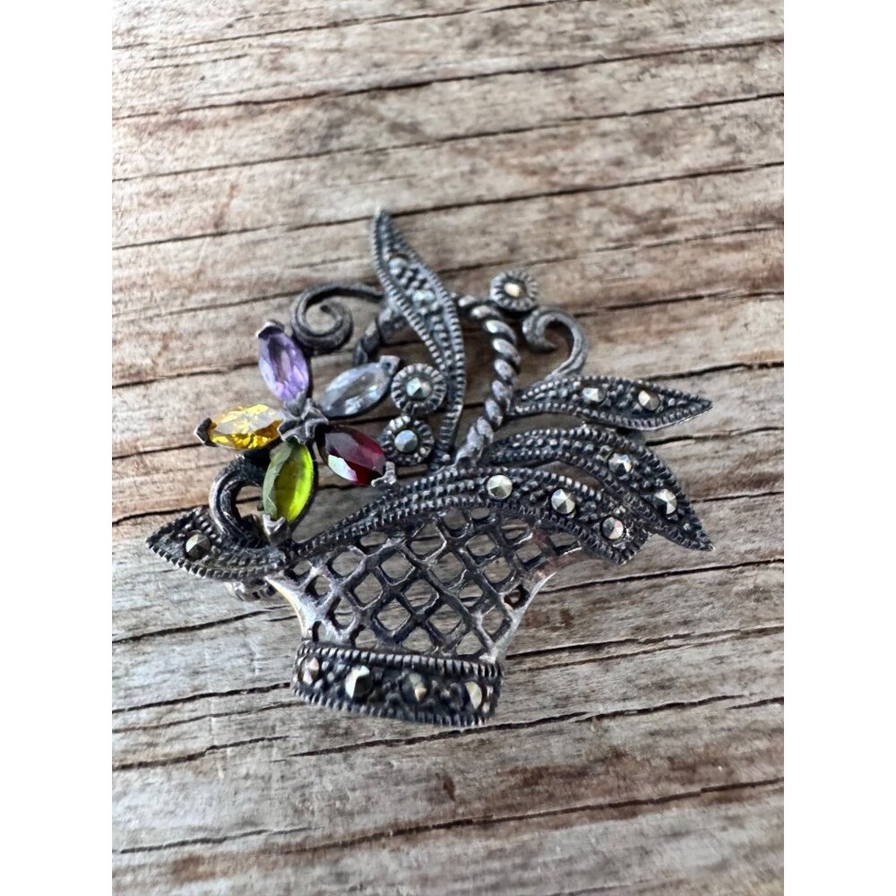 Sterling Silver Marcasite Flower Basket Brooch 1.5” 4.32g Multicolor